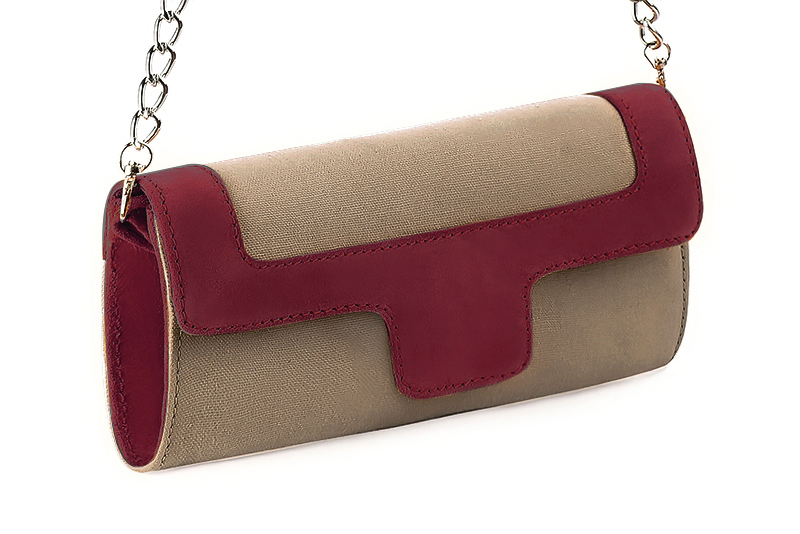 Women's tan beige and burgundy red luxurious elegant clutch for ceremonies, weddings and evenings out. - Front view